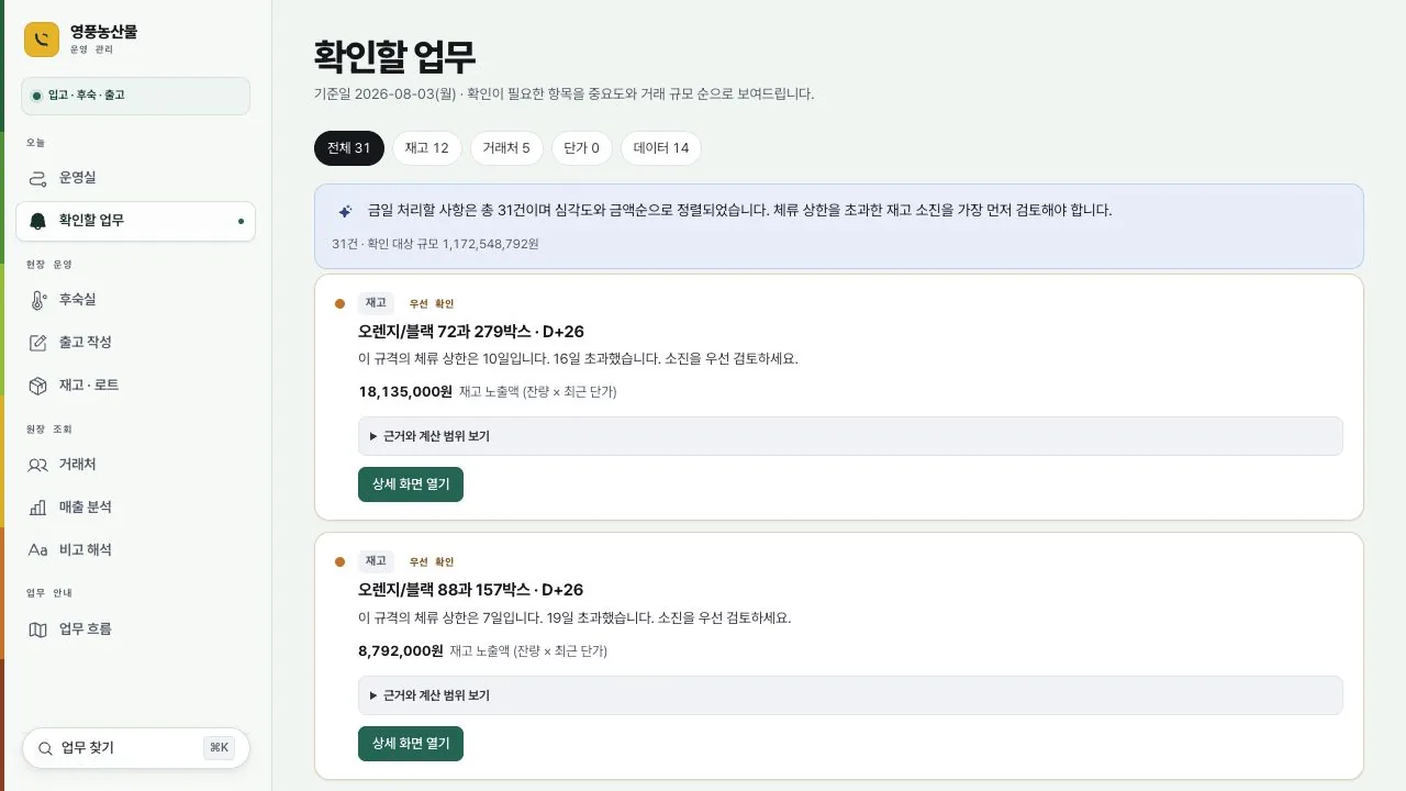 Youngpoong 실제 화면 — 우선 의사결정